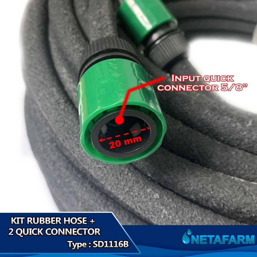 Rubber Hose Selang Air Karet Hitam 30m+2 Quick Konektor SD1116B -1set