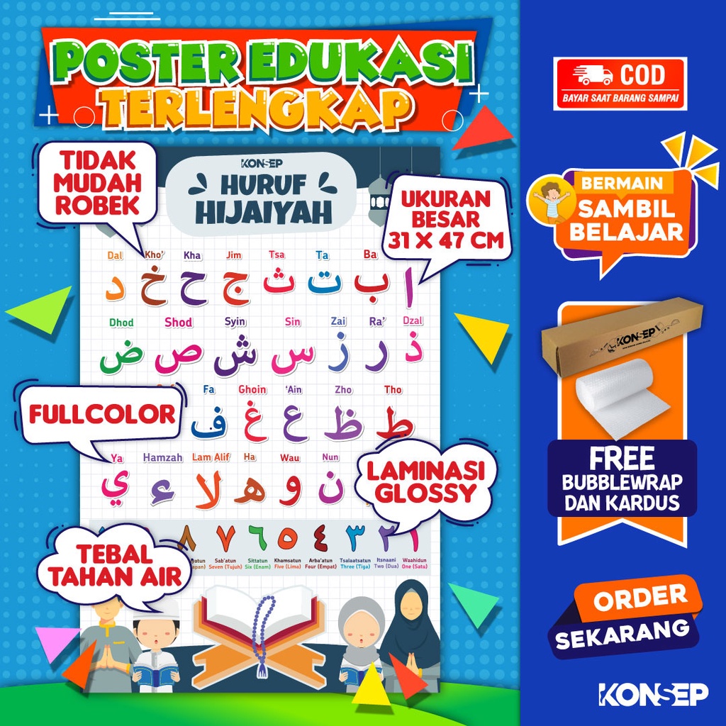 Konsep Poster Edukasi Pendidikan Anak Belajar Huruf Hijaiyah Paud Balita TK Toodler SD Laminasi Glossy Tahan Air