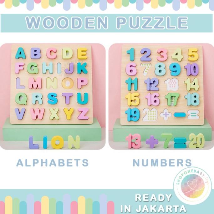 Alphabet Numbers Puzzle Wooden Toys Mainan Belajar Huruf ABC Angka 123