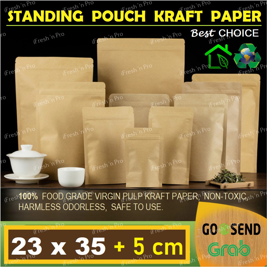 23x35 - STANDING POUCH KRAFT PAPER ALU FOIL  - KEMASAN BIJI KOPI - SNACK - KERIPIK - ALUMINIUM