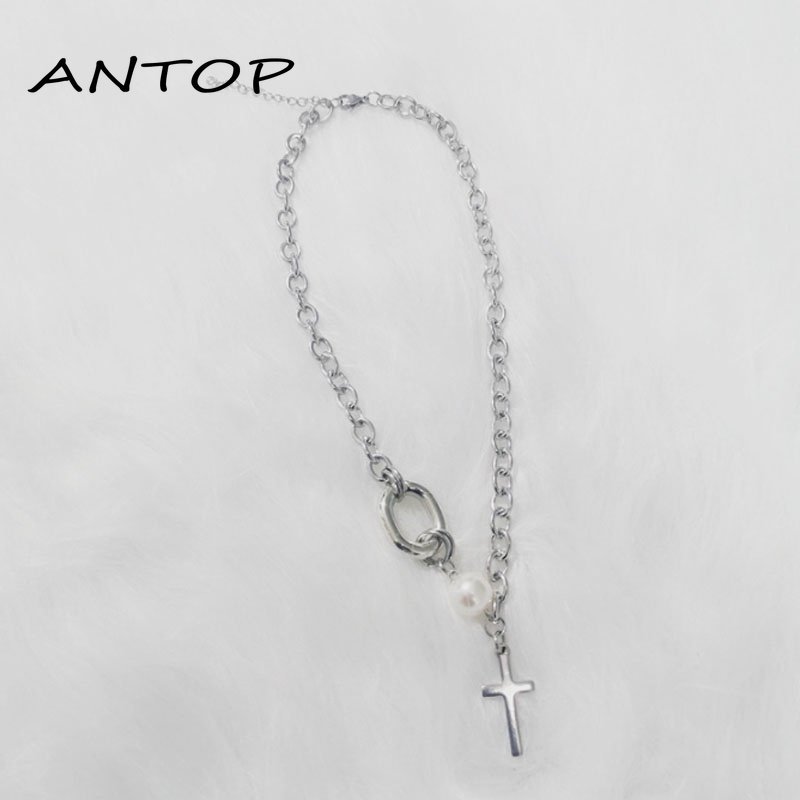 Korea Ins Cross Kalung Mutiara Clavicle Chain Aksesoris Fashion Wanita ANTOP