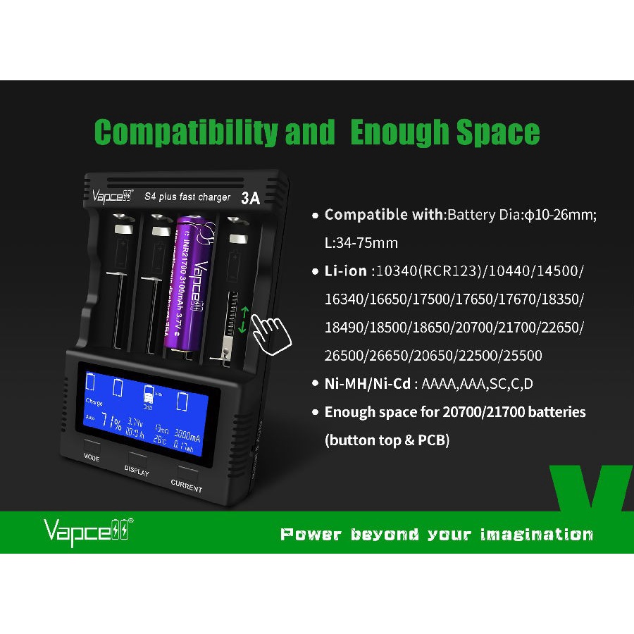 Original VAPCELL S4 PLUS Fast Charger Battery |18650 21700 AAA AA D baterai batre li-ion A2 A3 4slot