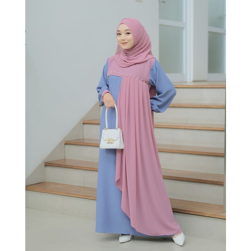 GAMIS TIARA ANNUR  SET HIJAB TABUR MUTIARA CANTIK ITYCREPE MIX CERUTY PREMIUM PUTIH LEBARAN MANASIK HAJI