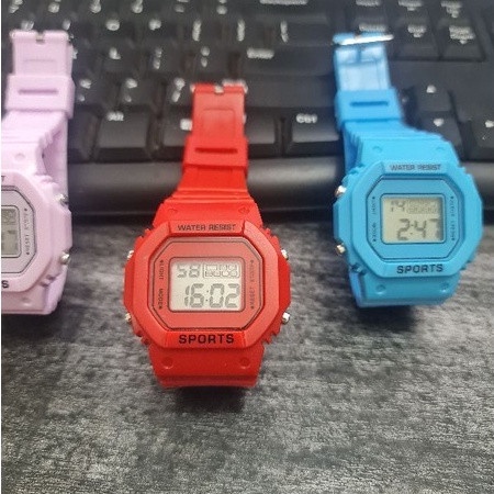 JAM TANGAN DIGITAL RUBBER PRIA WANITA SEGI KARET SPORT LED MURAH-HITAM - BUNGA