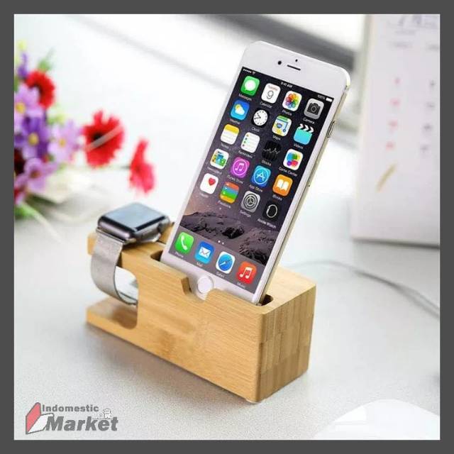 Bamboo Smartphone Stand Holder & Apple Watch Dock / Docking Charger iPhone dan Apple Watch / iWatch