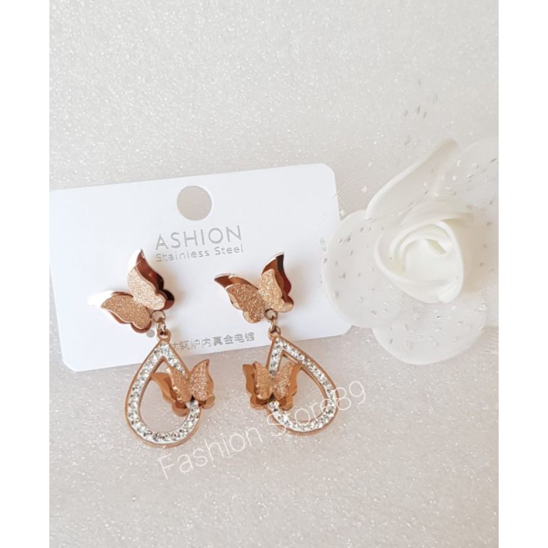 Anting Import Buterfly Titanium premium Rosegold Bestseller edisi terbatas kupu-kupu