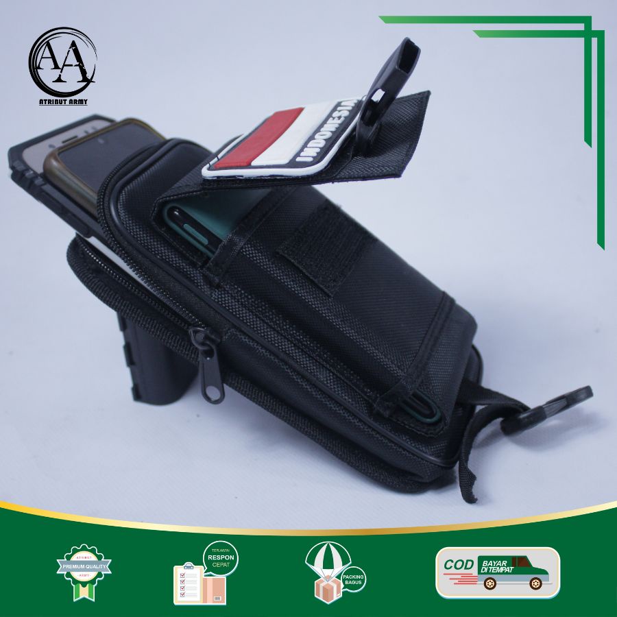 [TEMPAT HP DOUBLE SLOT 6,7 in &amp; 6,5 in] Tempat Sarung HP Pinggang KANVAS TACTICAL bonus Logo karet Atribut Satpam Security TNI