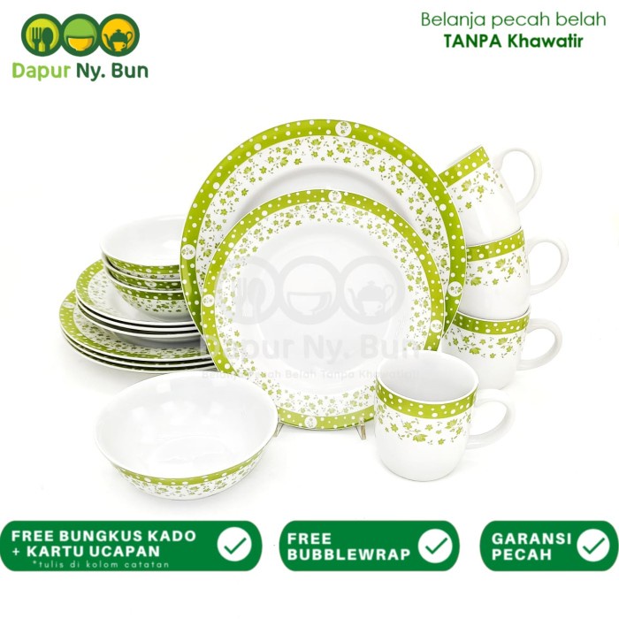 Dinner Set Isi 16Pcs Motif Polkadot Fleur / Perangkat Makan Keramik