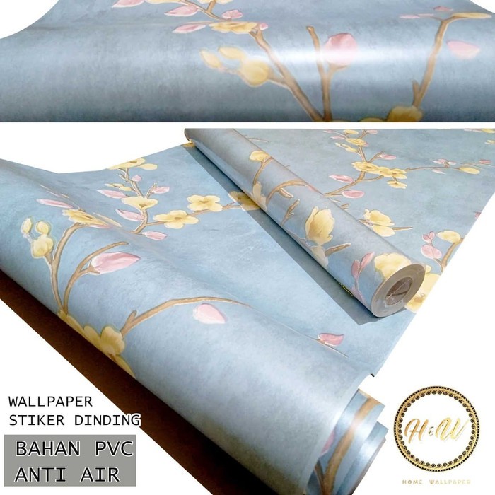 Wallpaper Sticker Dinding Motif Bunga Sakura Biru Panjang 10Meter x Lebar 45cm