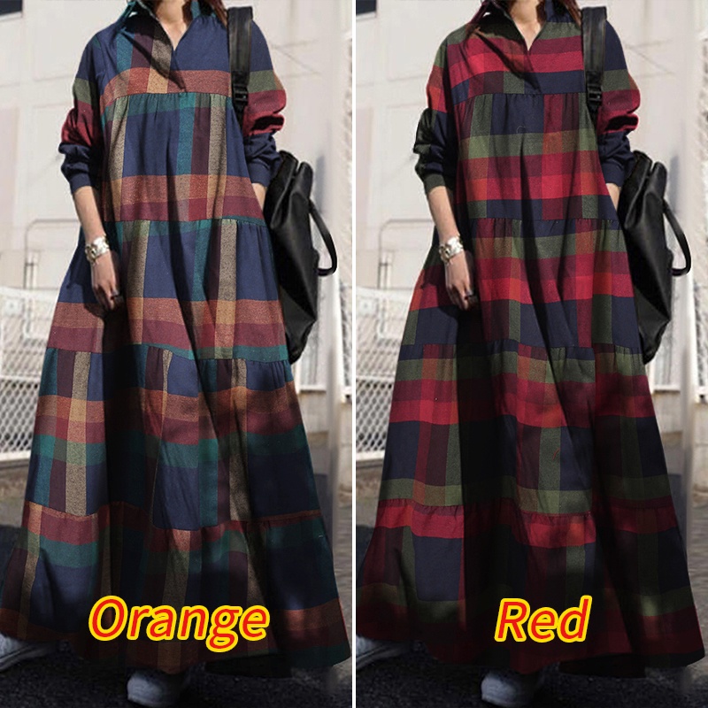 ZANZEA Women Collared Grid Printed Button Down Big Swing Maxi Dress