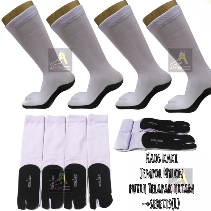 kaos kaki jempol panjang putih telapak hitam nylon/kaos kaki wanita berjempol/kaos kaki muslim