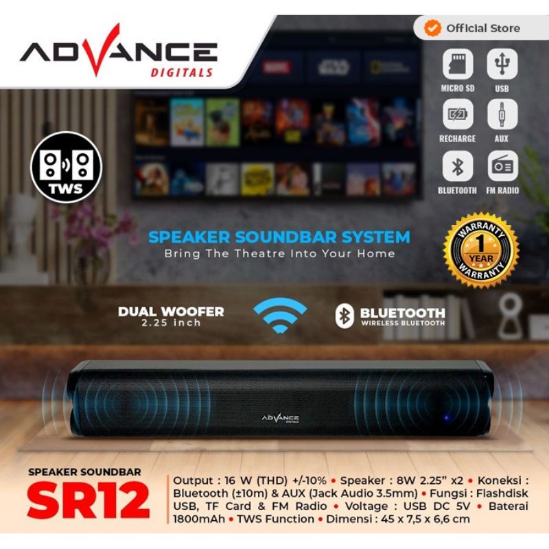 soundbar bluetooth speaker advance sr12 stereo sound extra bass / speaker soundbar sr-12