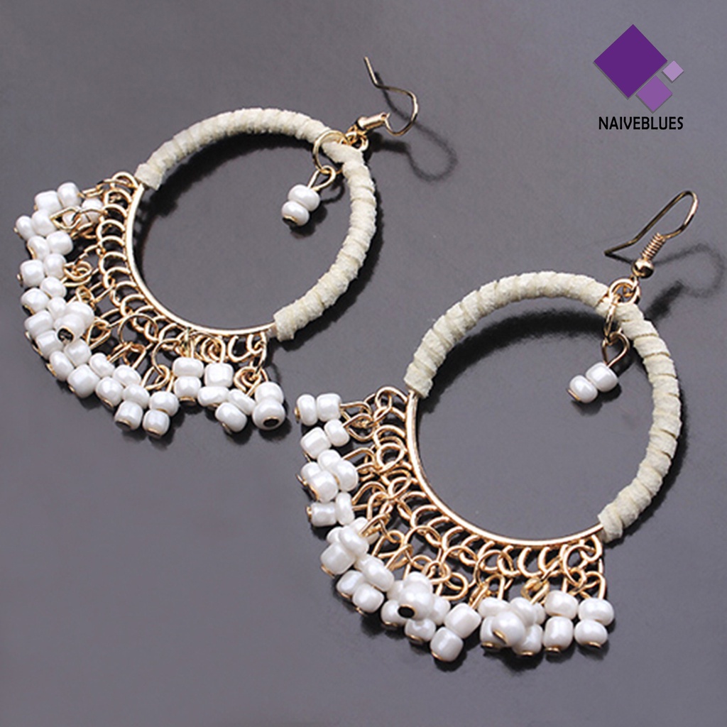 1 Pasang Anting Kait Gantung Bahan Alloy Hias Manik-Manik Rumbai Gaya Boho Untuk Wanita