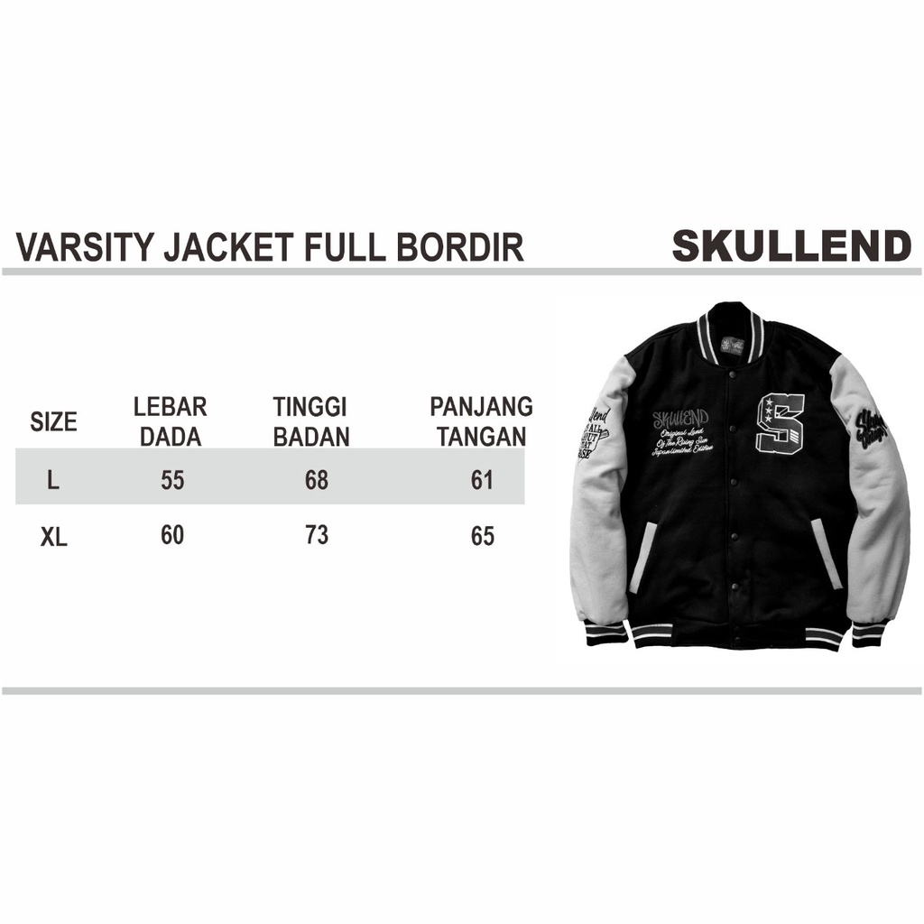 SKULLEND Varsity Jacket Bomber Baseball Sukajan Vintage Pria Wanita - Full Bordir