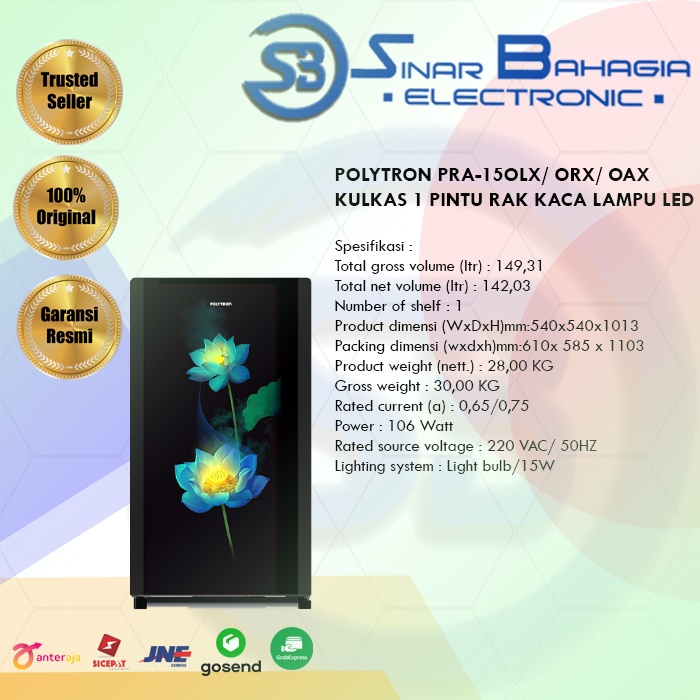 POLYTRON PRA-15OLX/ ORX/ OAX KULKAS 1 PINTU RAK KACA LAMPU LED (NEW)