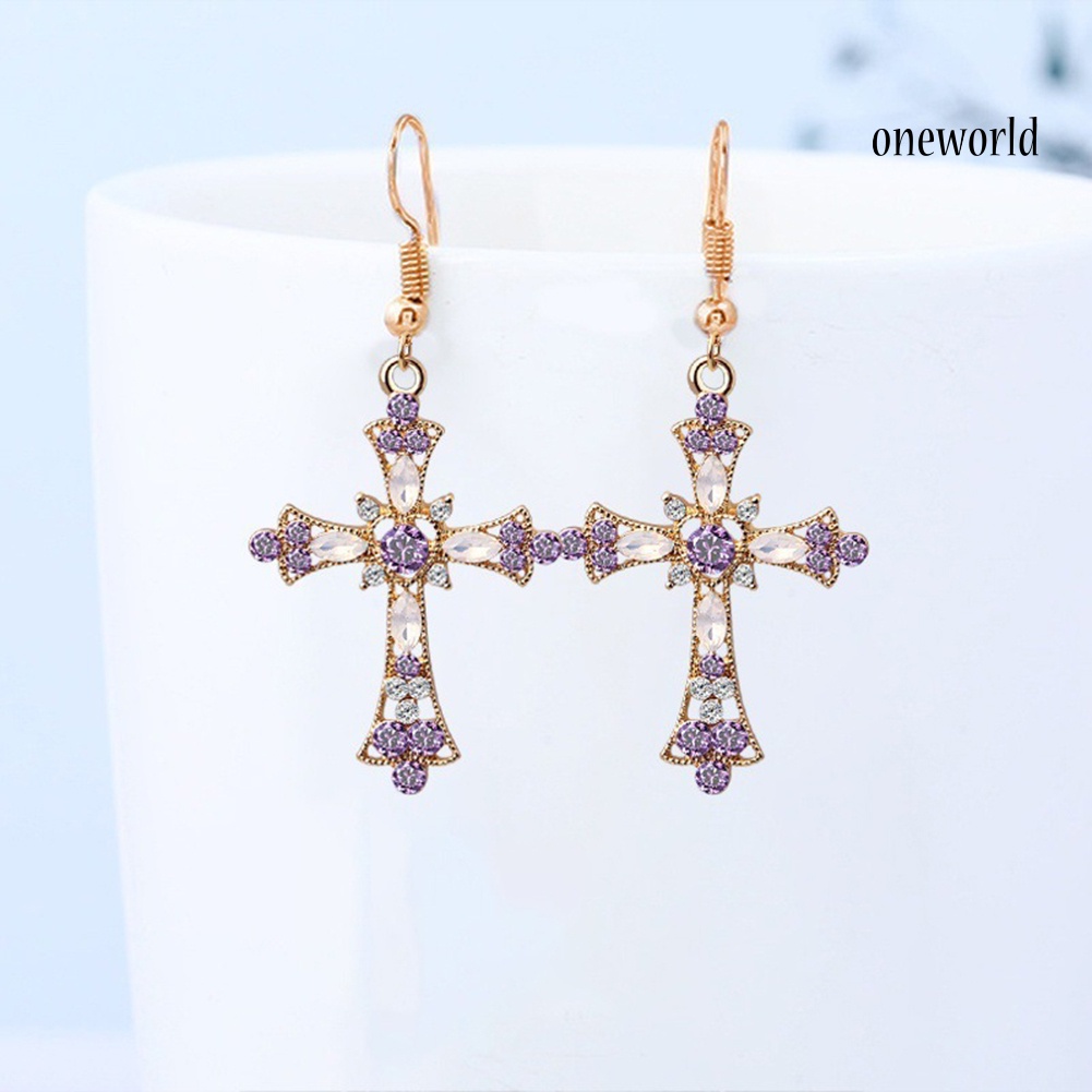 OW@ Women Rhinestone Inlaid Cross Pendant Chain Necklace Hook Earrings Jewelry Set