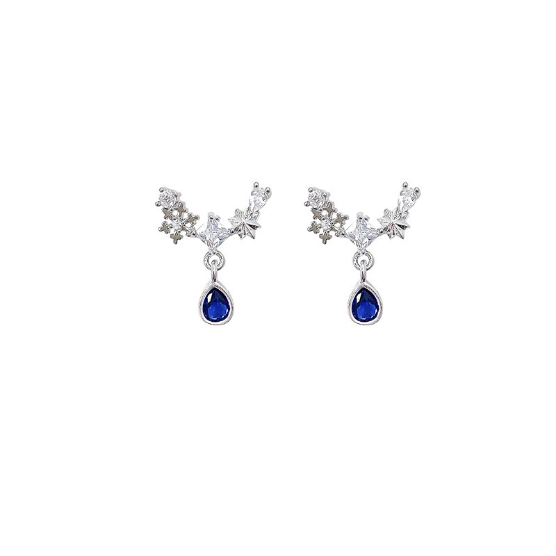 Anting Tusuk Sterling silver 925 Desain Bintang Hias Kristal Zircon Biru Mewah Untuk Wanita