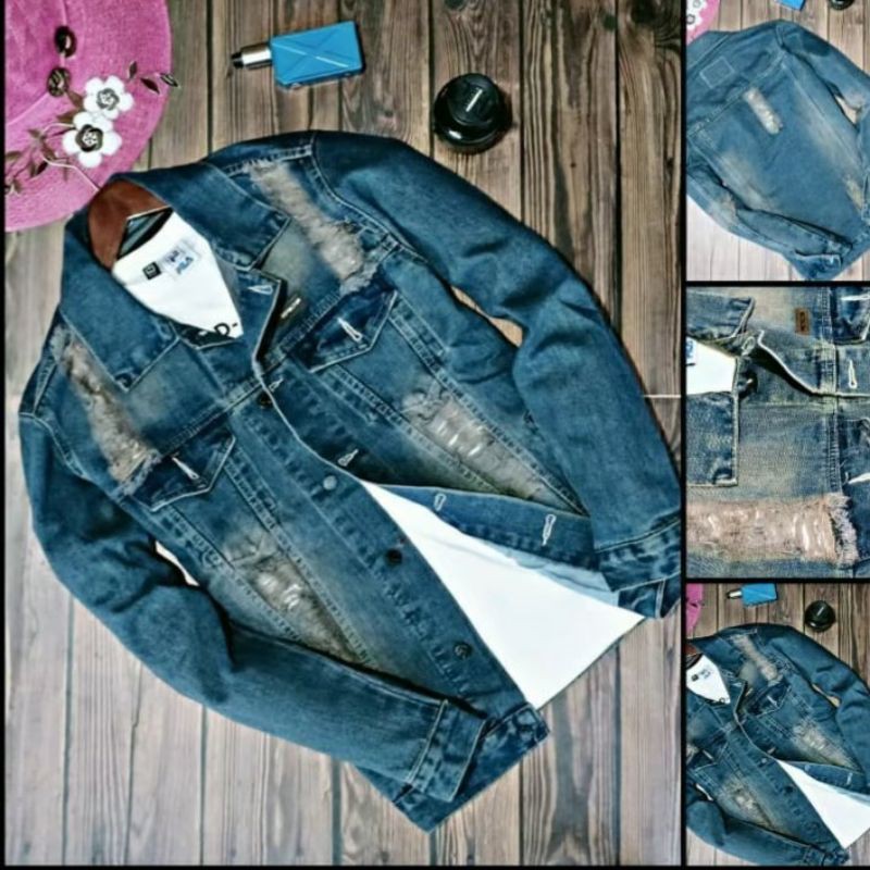 jaket jeans pria/jaket jeans sobek pria/jaket jeans pria sobek terbaru