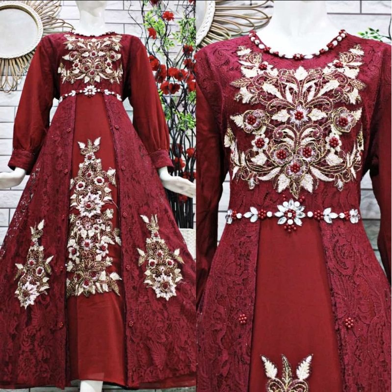 gamis pesta mewah terbaru / gamis cantik modern / gamis kondangan / baju pesta brokat / gamis full