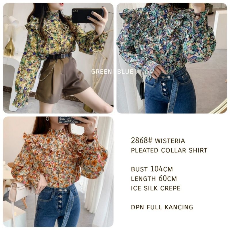 MDLV ~ 2868# Wisteria Pleated Collar Shirt Atasan Blouse Flower Fashion Import