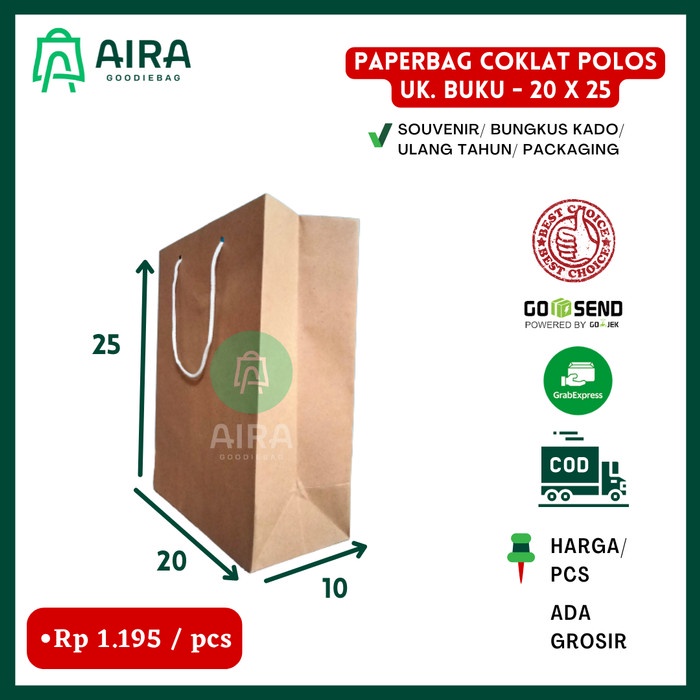 

Paperbag polos coklat ukuran Buku 20x25x10