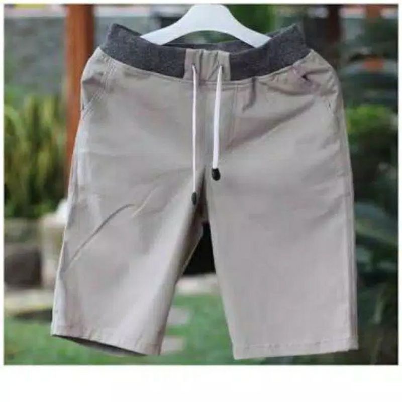 {BIg size}celana chinos pendek pria mick pinggang karet rip katun twill melar krem coklate