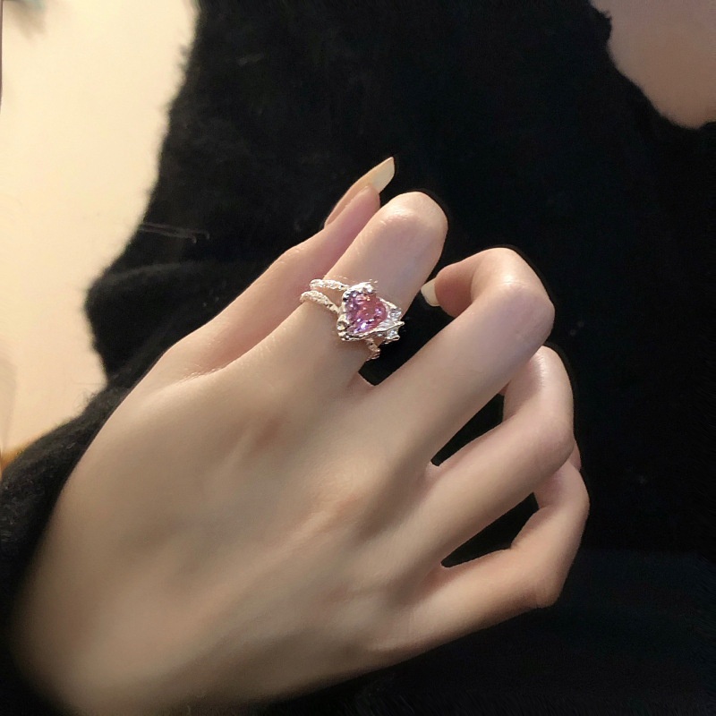 Cincin Silver Hias Kristal Pink Adjustable Untuk Wanita