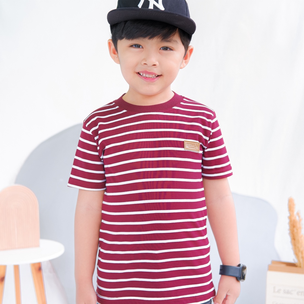 Kaos Stripe Garis Anak Laki Laki Perempuan Branded Unisex Original Premium | Mevla Kids - Uzuki Red