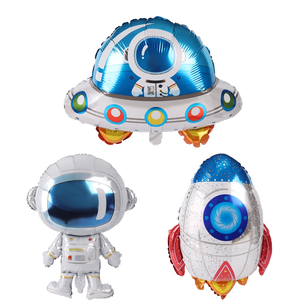 Ornamen Balon Bentuk Ufo Spaceman Rocket 4D Bahan Aluminum Foil Untuk Dekorasi Pesta Ulang Tahun Anak