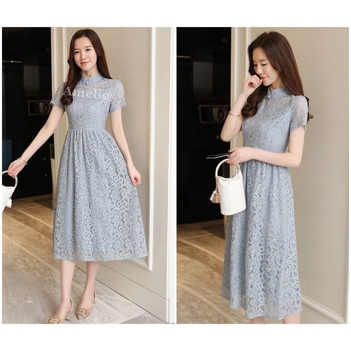 Murah long dress midi brukat gaun pesta korea import ab635861 black pink
