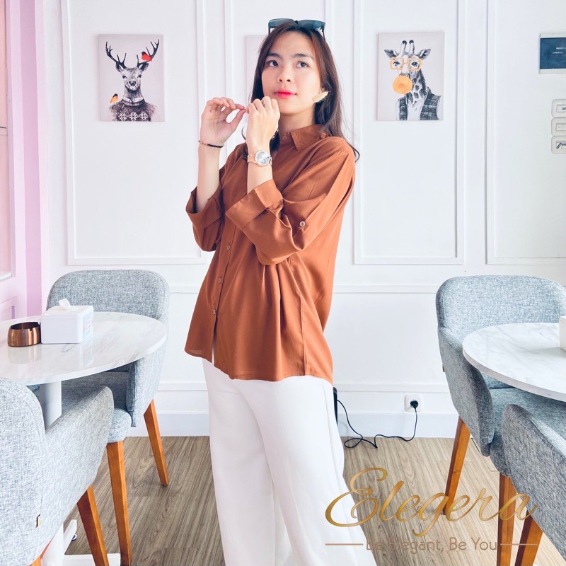 Kemeja Wanita Casual Katun Rayon Polos Cewek Lengan Panjang Scoder-Cinnamon