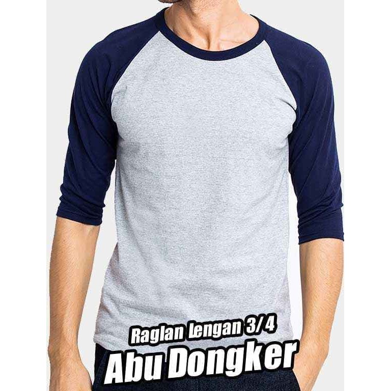 KAOS RAGLAN 3/4 PRIA WARNA ABU LENGAN BIRU DONGKER