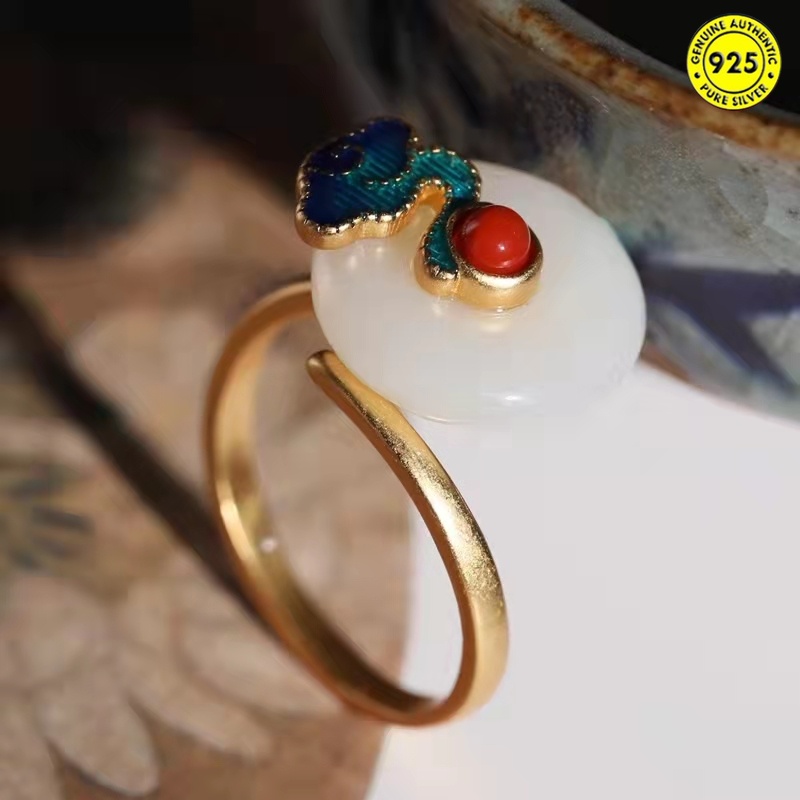 Cincin Enamel Desain Xiangyun Jade Hetian Gaya China Retro Untuk Wanita