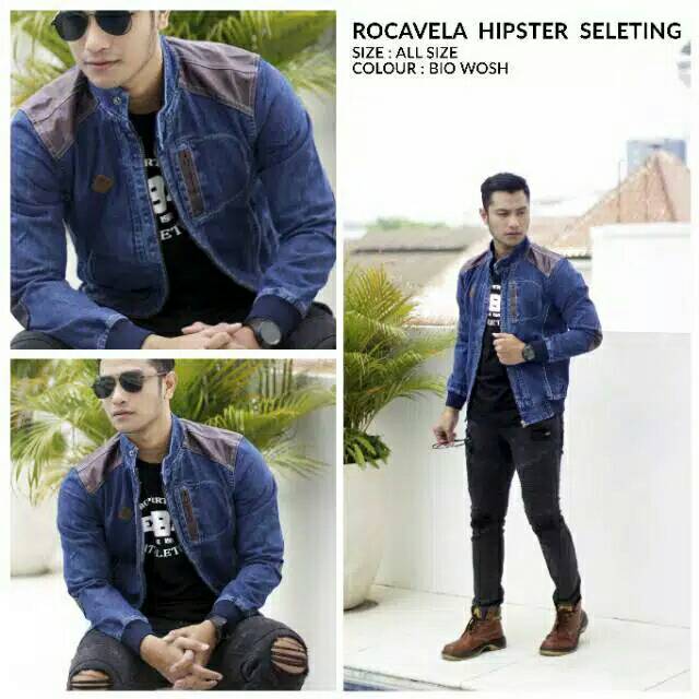 Jaket jeans bomber cowok roca fela hipster sleting