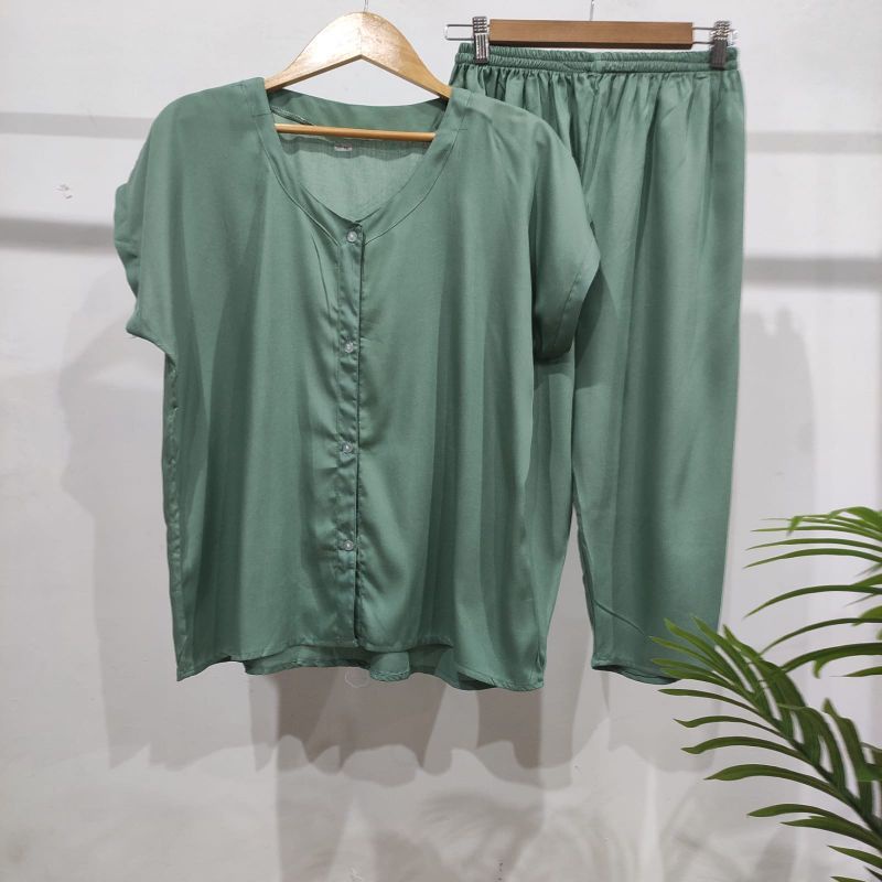 PIYAMA POLOS KANCING | PIYAMA BUSUI | BAJU SANTAI MURAH | HOMEDRESS MURAH | HOMEWEAR MURAH-VN 7/8 HIJAU TOSCA