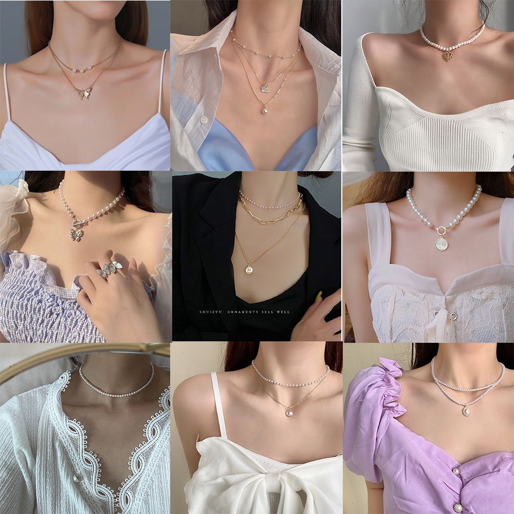 Kalung Choker Double Layer Bentuk Kupu-Kupu Aksen Mutiara Gaya Korea Untuk Wanita