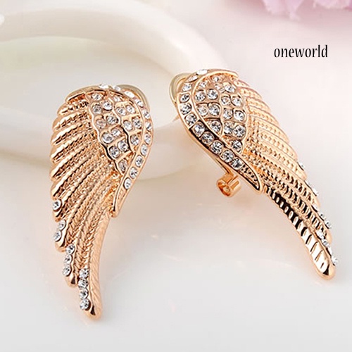 OW@ Women's 9K Gold Plated Angel Wings Crystal Ear Studs Luxury Earrings Jewelry