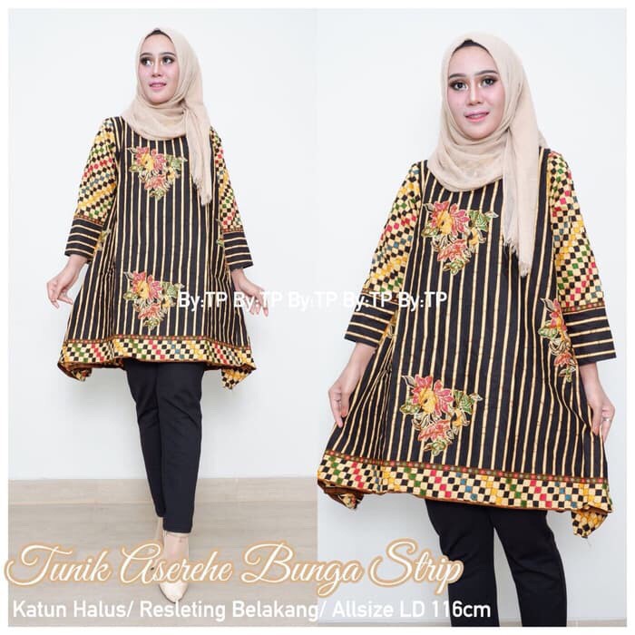 Tunik Jumbo Aserehe Bunga Strip Salur Batik Modern Casual Kerja Seragam Big Size