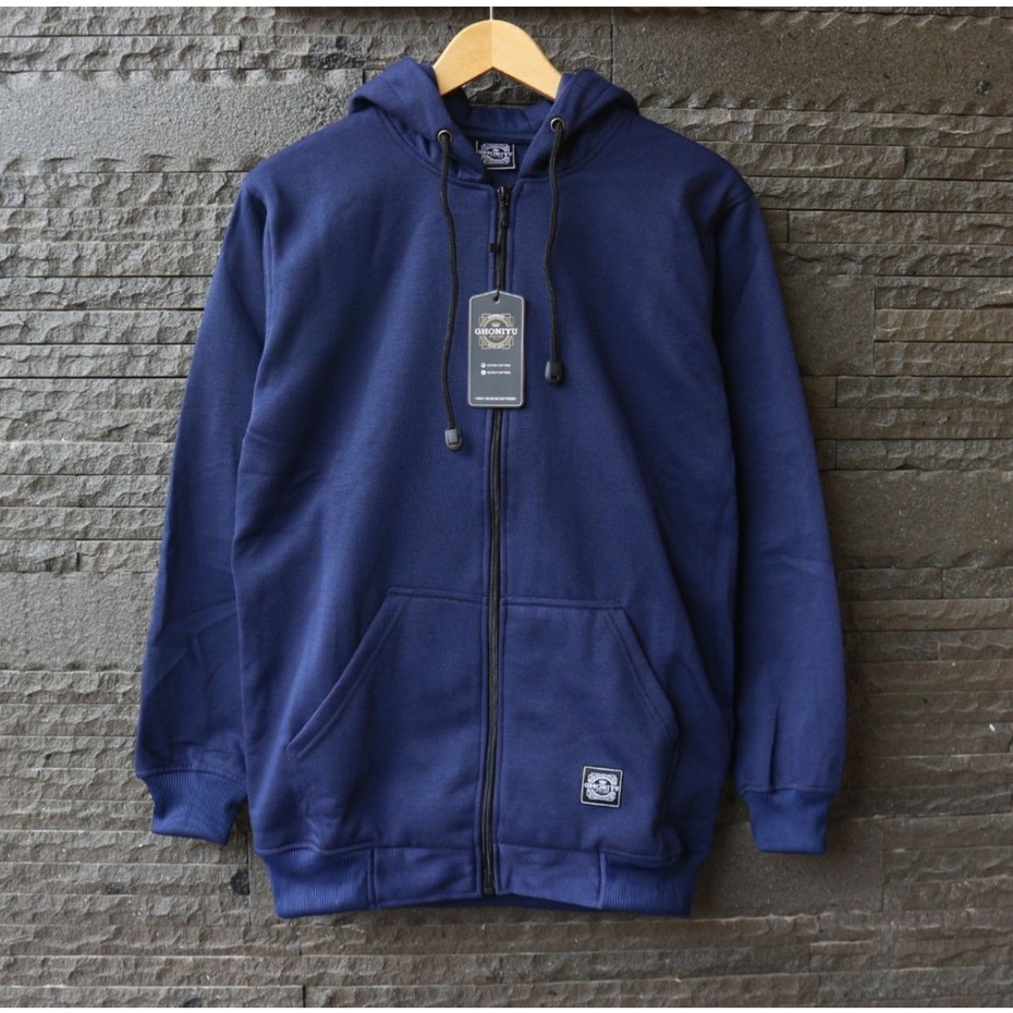 SSGD-08 Jaket Sweater Premium Original Ghoniyu Unisex Zipper Hoodie Pria Wanita Polos Putih-Navy