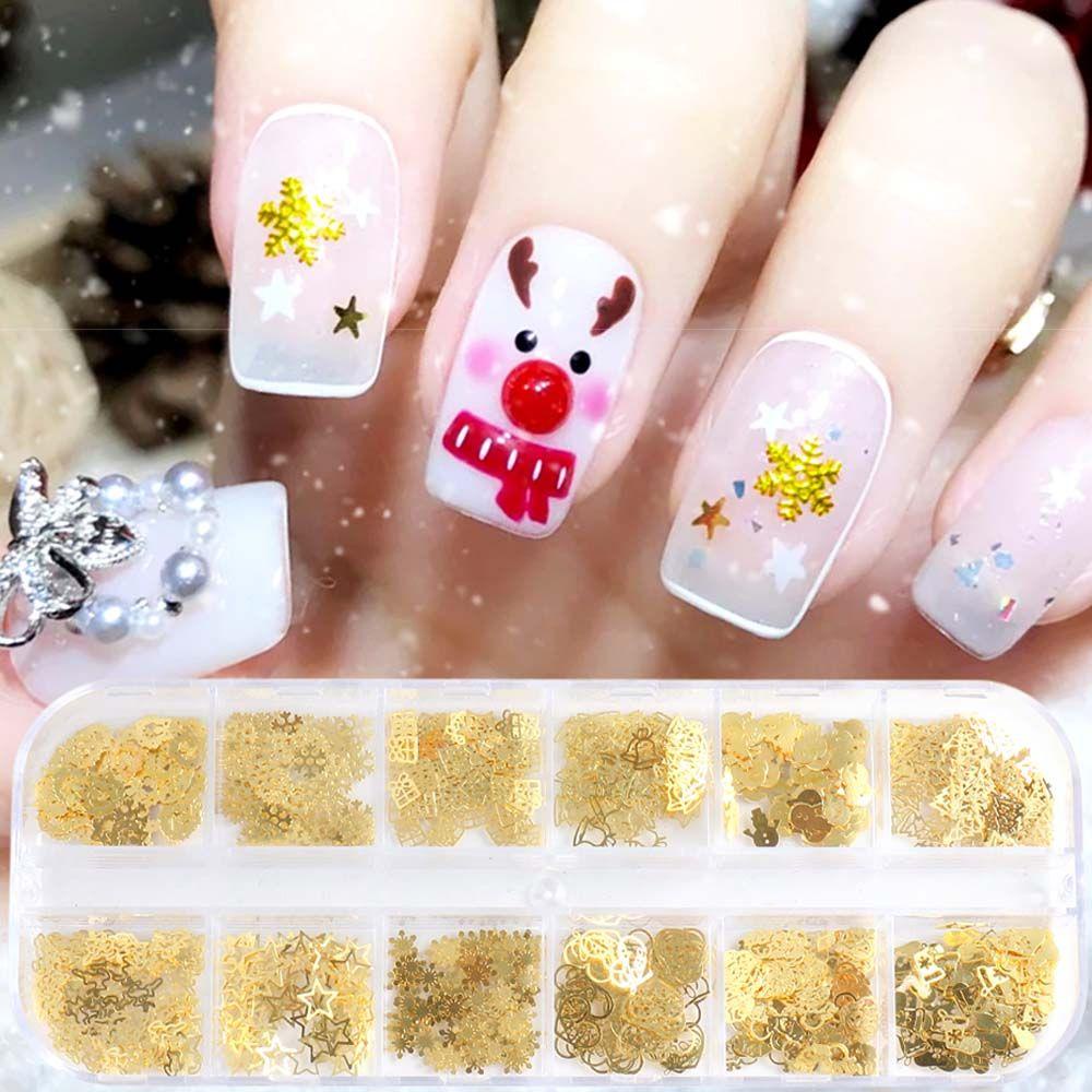 AUGUSTINA Agustina Kuku Glitter Payet Kaus Kaki Logam Santa Snowflake Pohon Natal Snowman 3D Nail Art Dekorasi