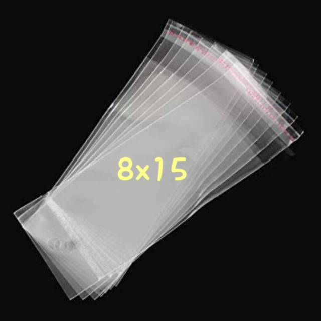 OPP 8x15 undangan baju pakaian garmen roti kue kerupuk sendok plastik dengan perekat