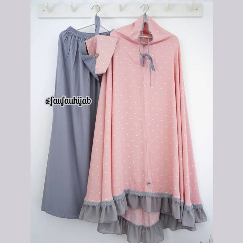 Mukena Faufau butik Rimpel Polka dusty~rok abu