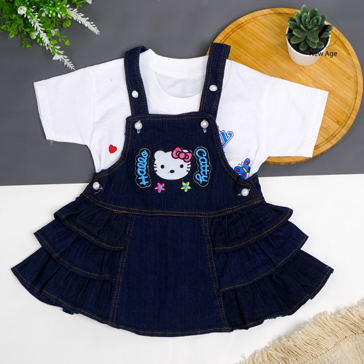 New Age - Setelan Overall Kodok Jeans Bayi Perempuan Hello Kitty Susun Rok Usia 1 Tahun