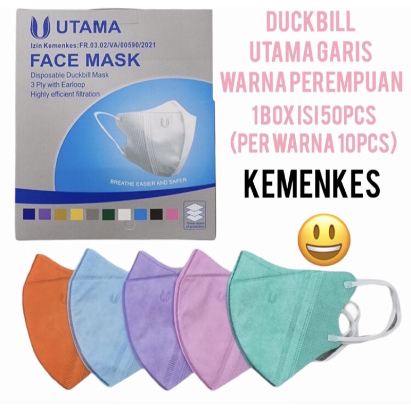 masker duckbill earloop garis c care embos, utama mix warna, alkindo, goto, careion, chasa isi 50