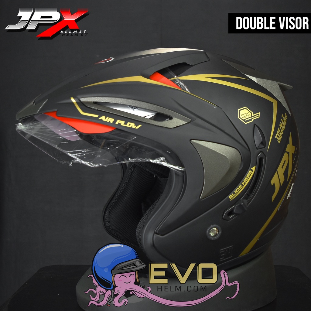 HELM JPX HALFFACE_JPX SUPREME - BLACK DOFF / GOLD ( ONGKIR 2KG) JPX HALFFACE JPX SUPREME