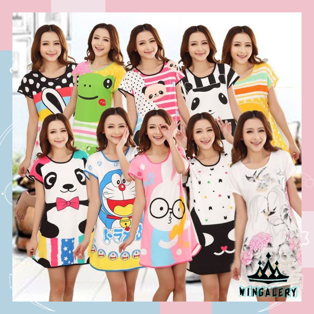 WINGALERY  Baju Tidur Wanita import Daster Wanita Motif Kartun Longgar Korea Fit to XXL 4016