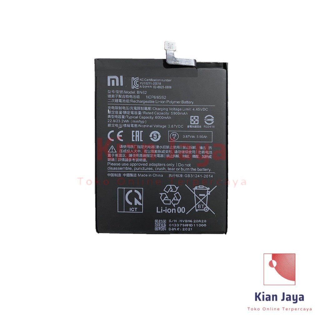 Baterai Xiaomi Redmi 9T BN62 Original OEM Batre Batrai Battery HP Xiao Mi BN 62 Ori