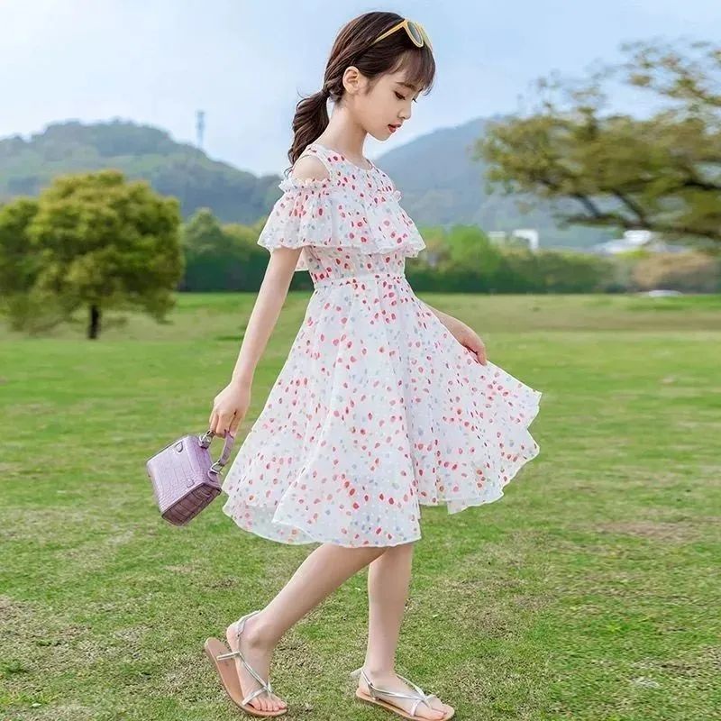 Girls Chiffon Dress summer dress 2021 new Korean version net red foreign style big girls broken flow