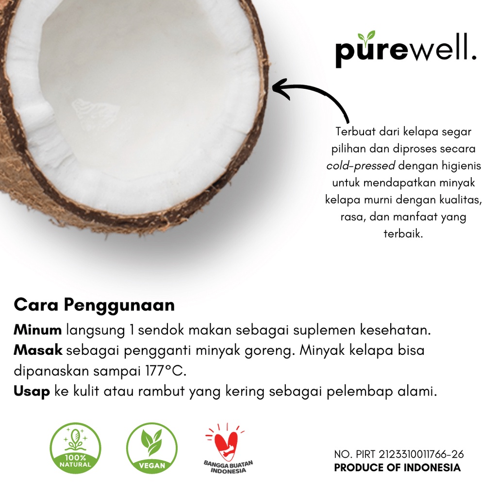 Purewell Extra Virgin Coconut Oil VCO 500ml Minyak Kelapa Murni Premium EVCO