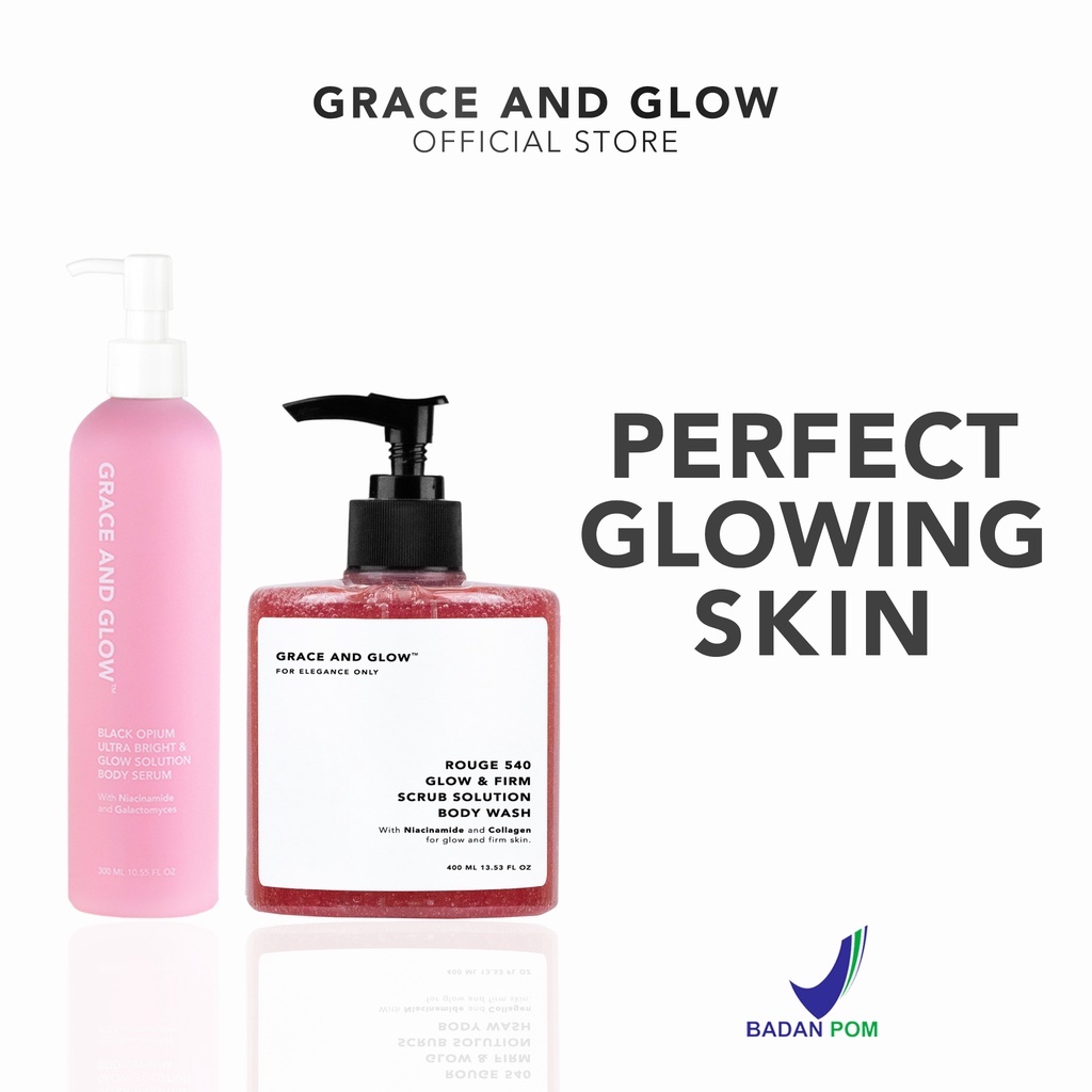 Grace and Glow Rouge 540 Glow &amp; Firm Scrub Solution Body Wash + Black Opium Ultra Bright &amp; Glow Solution Body Serum